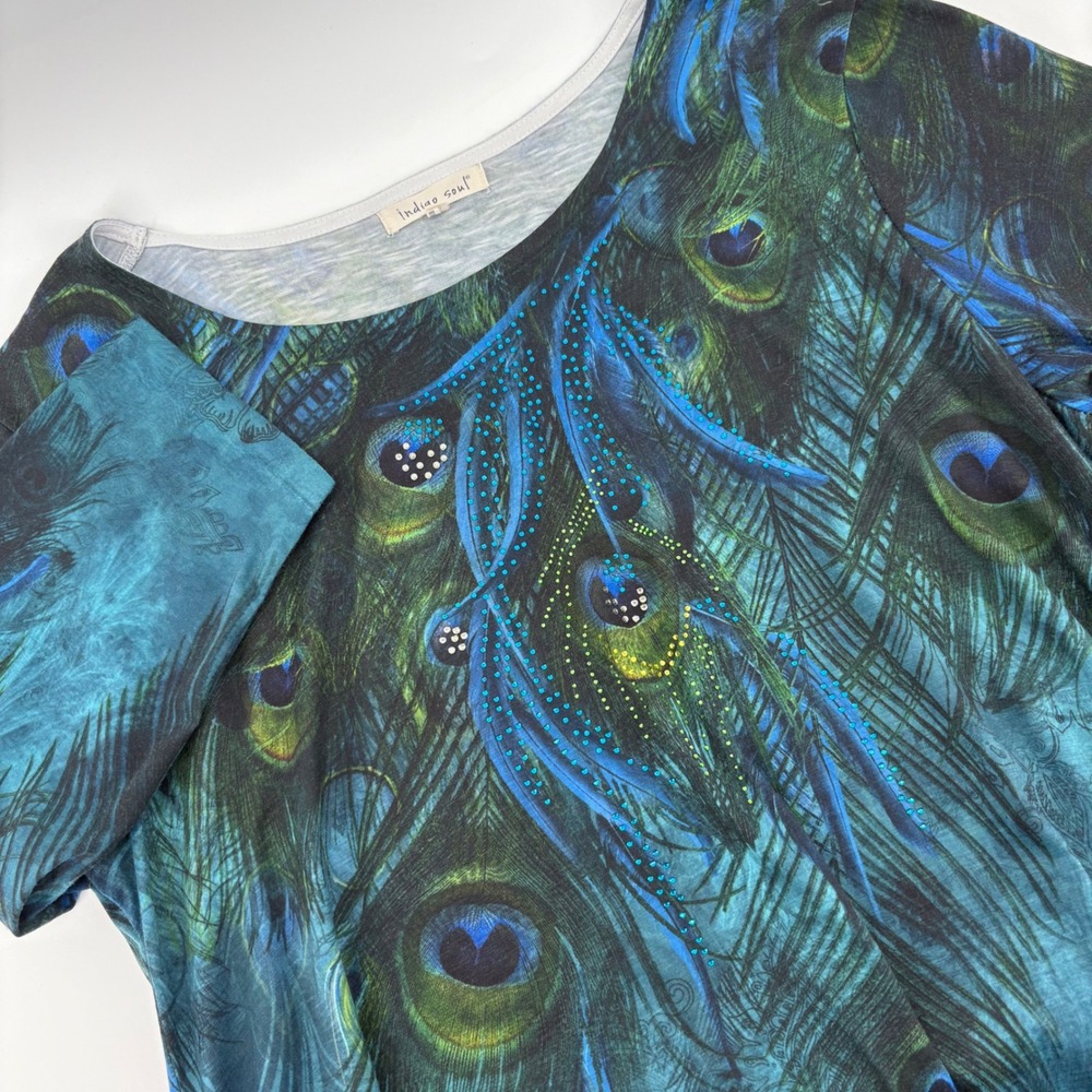 Indigo Soul XL Women Peacock Feather Print Sheer  Tunic
 Rhinestone‎ Embellished